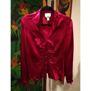 Talbot's Womens Red Ruched Front 100% Silk Button-Up Blouse Size 16 Long Sleeve